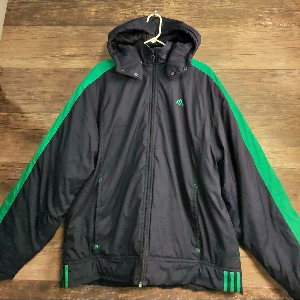 Adidas Men's Navy Blue Jacket Coat with Green Accents